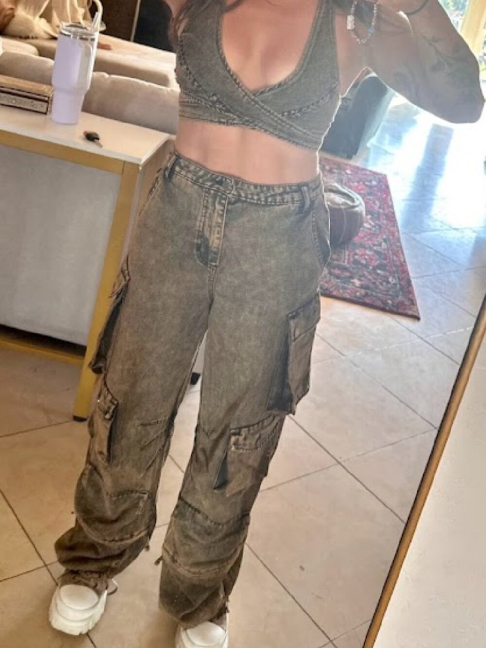 AFRM Parker Cargo Pant + Emma Wrap Bra Top Brown Acid Wash Utility Set XS/25